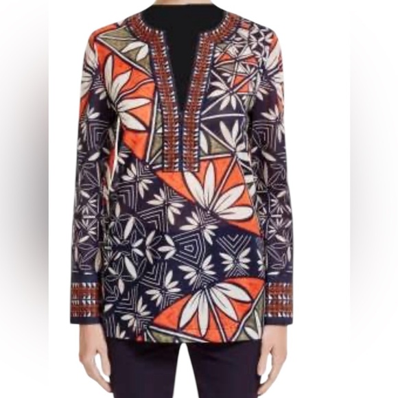 TORY BURCH Authentic Printed Cotton Tunic in Tory Navy Pottery Placed Sz 14. - Picture 1 of 14